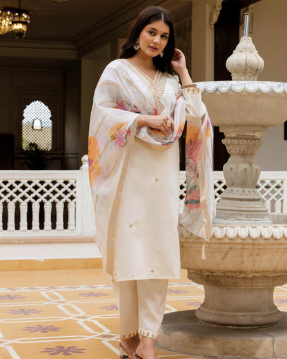 Zara Ivory White Gold Zardozi & Buti Embroidered Kurta Set