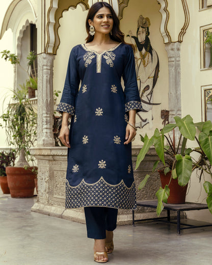 Nisha Navy Blue Gold Zardozi Botanical Embroidered Kurta Set
