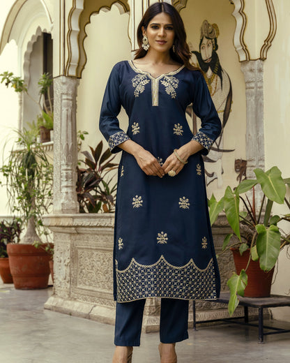Nisha Navy Blue Gold Zardozi Botanical Embroidered Kurta Set