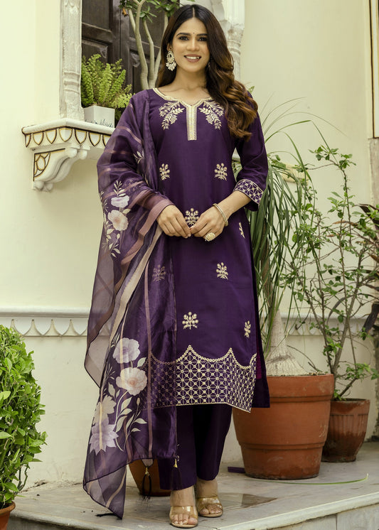 Nisha Deep Wine Purple Gold Zardozi Botanical Embroidered Kurta Set