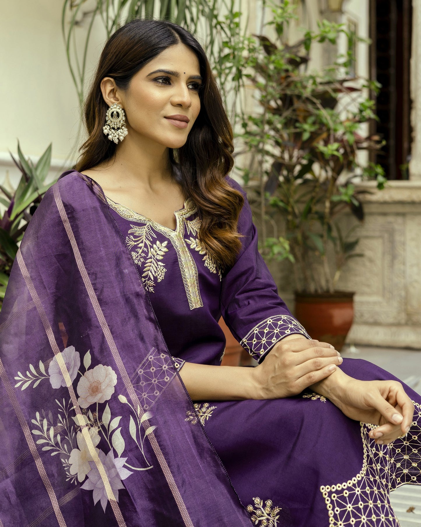 Nisha Deep Wine Purple Gold Zardozi Botanical Embroidered Kurta Set
