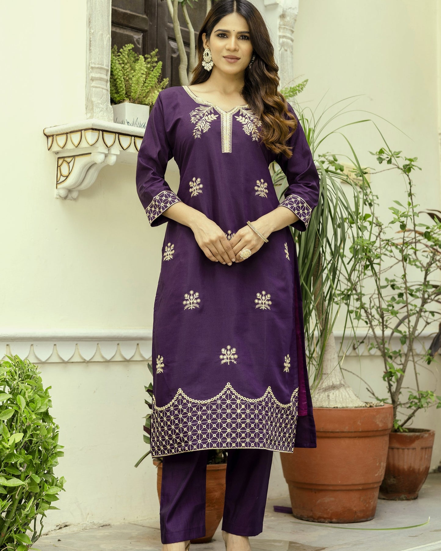 Nisha Deep Wine Purple Gold Zardozi Botanical Embroidered Kurta Set