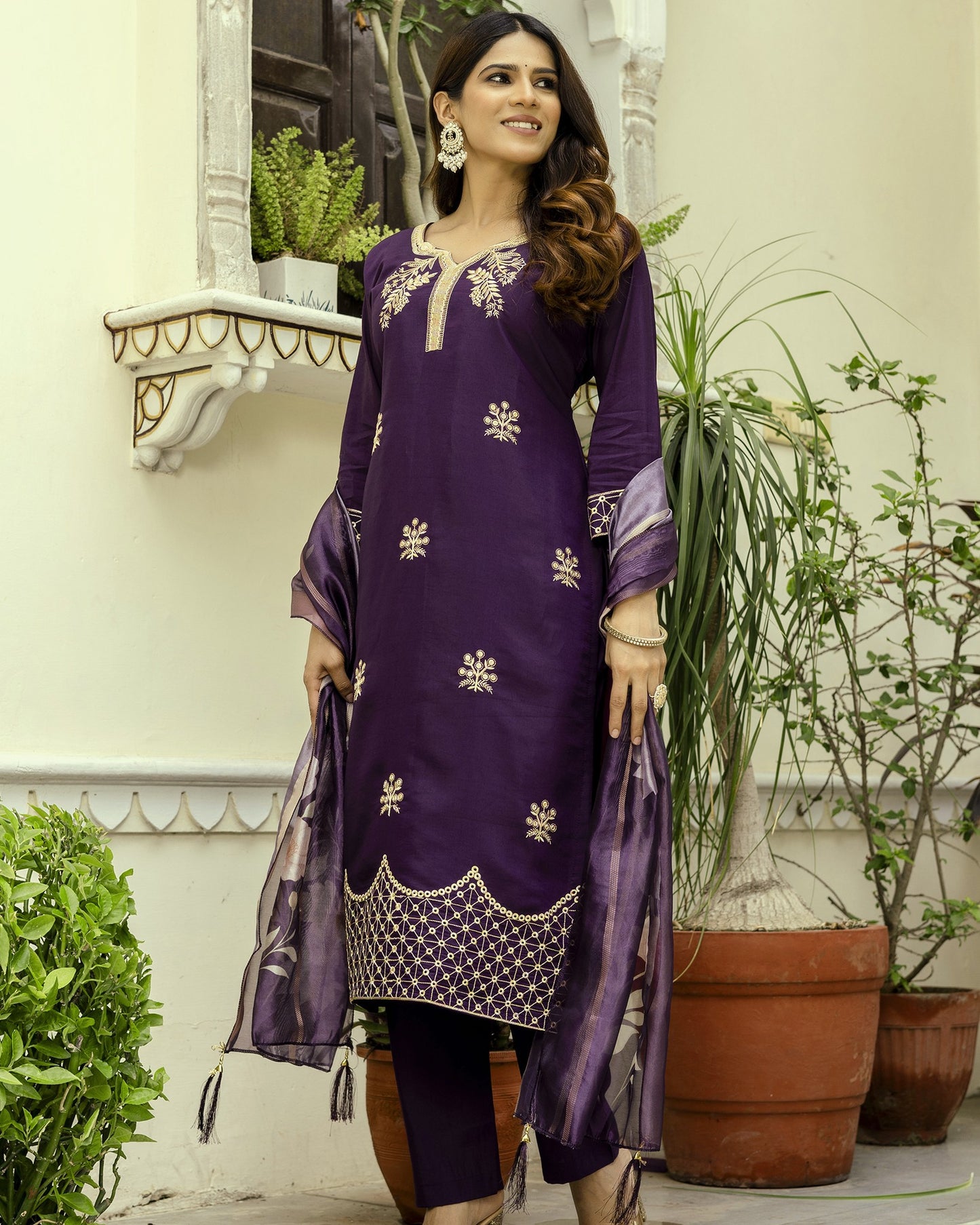 Nisha Deep Wine Purple Gold Zardozi Botanical Embroidered Kurta Set