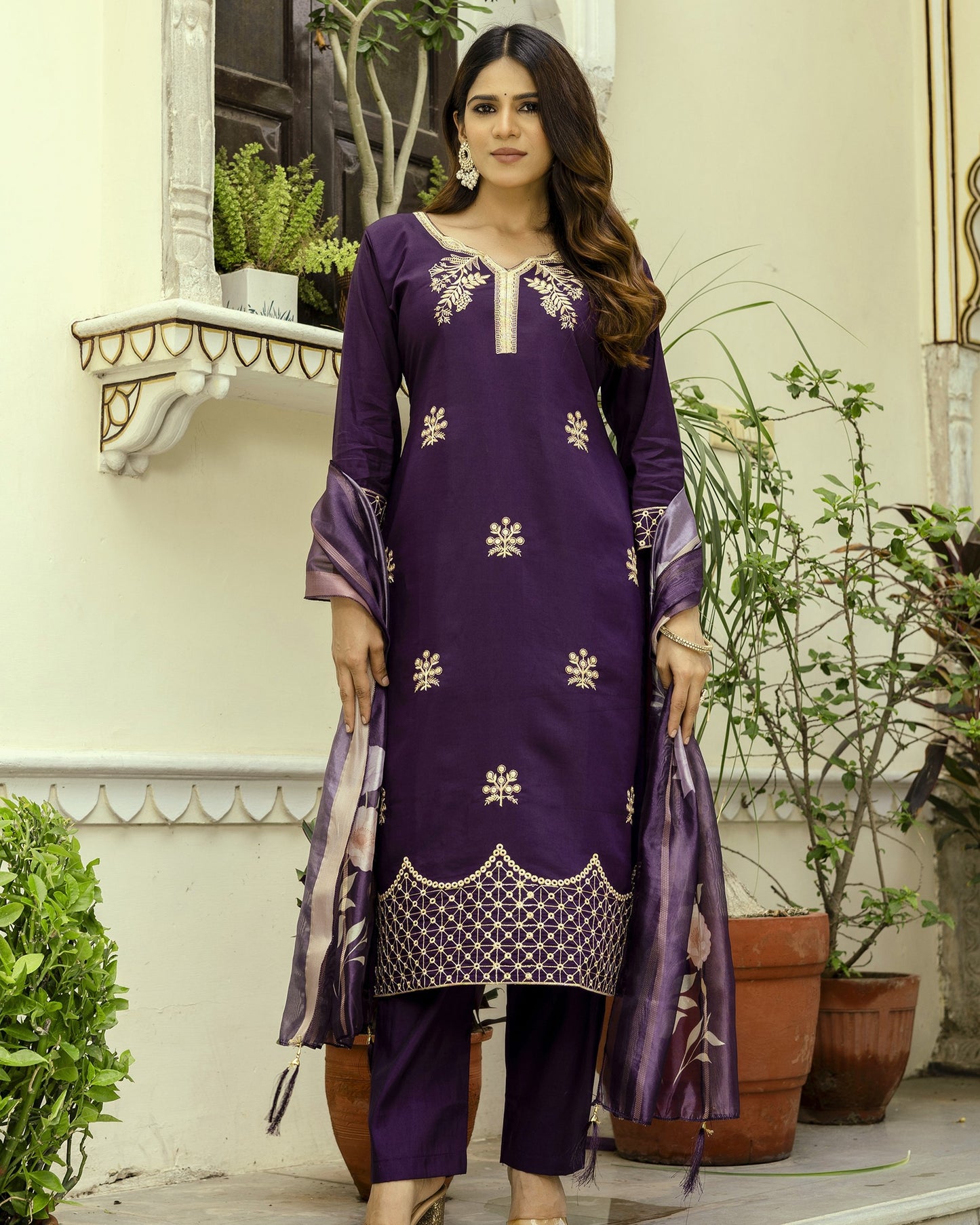 Nisha Deep Wine Purple Gold Zardozi Botanical Embroidered Kurta Set