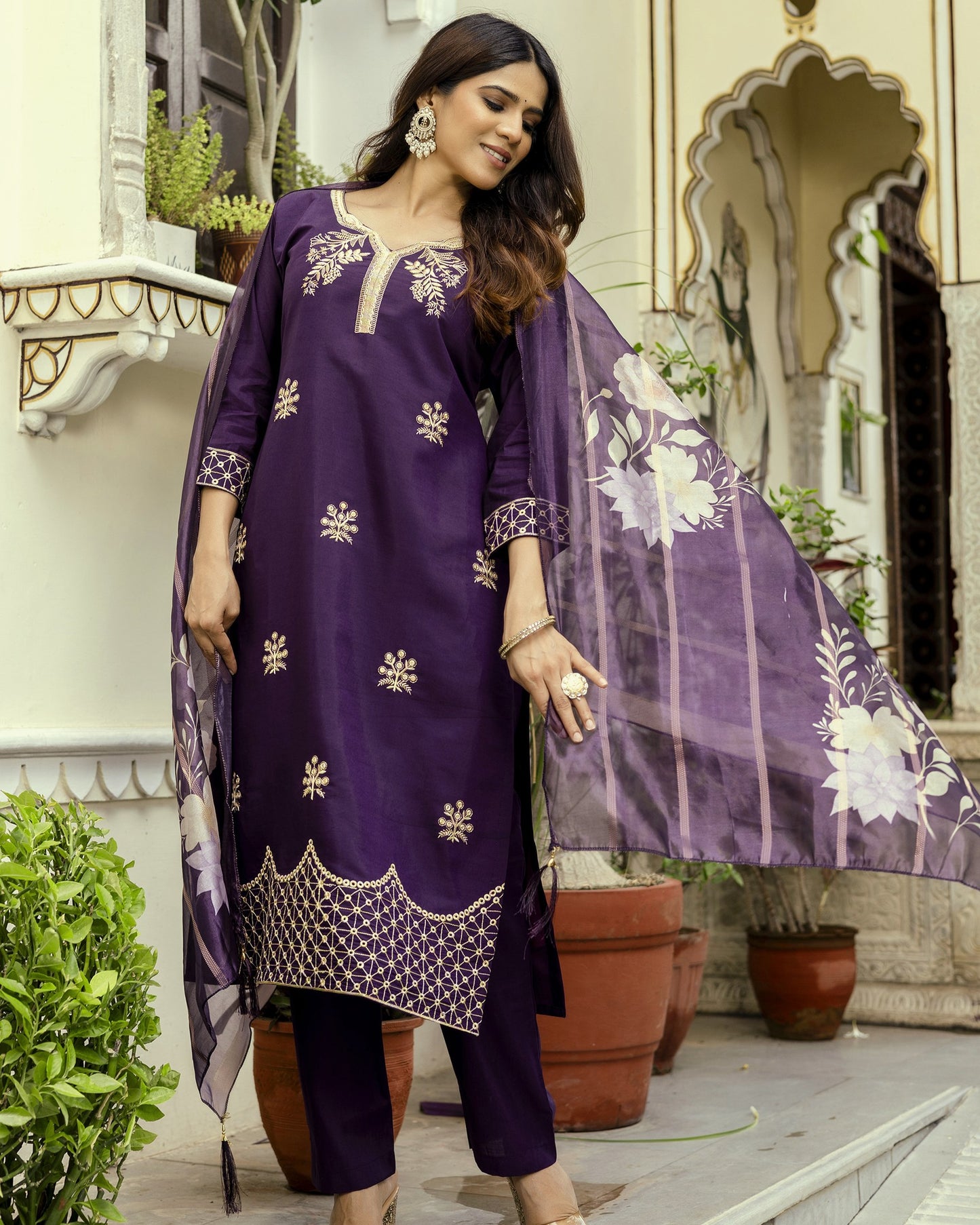 Nisha Deep Wine Purple Gold Zardozi Botanical Embroidered Kurta Set