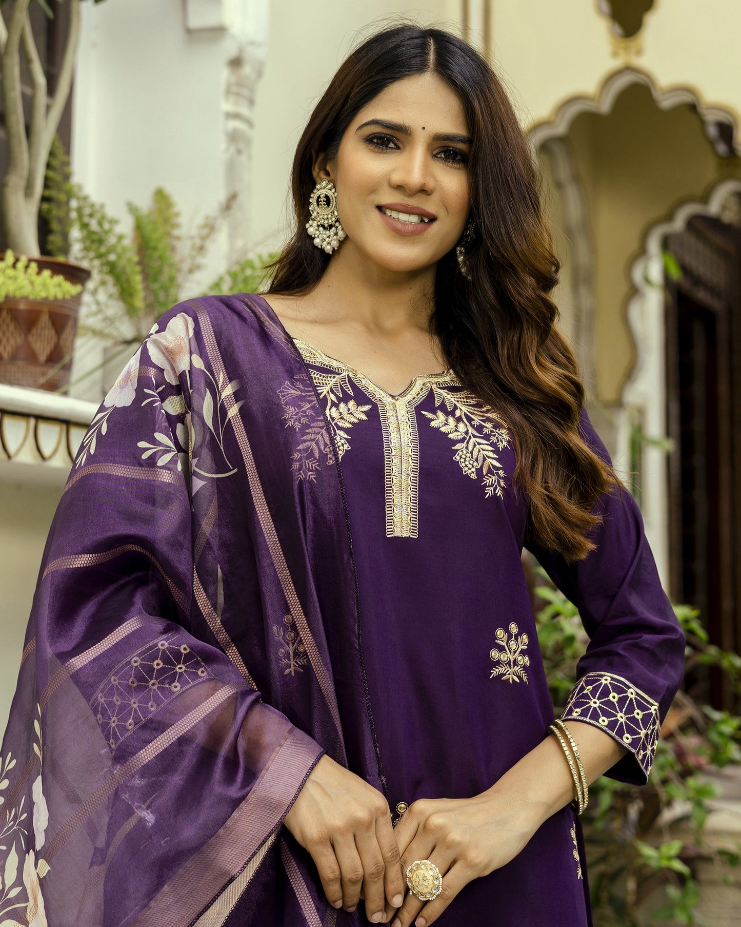 Nisha Deep Wine Purple Gold Zardozi Botanical Embroidered Kurta Set