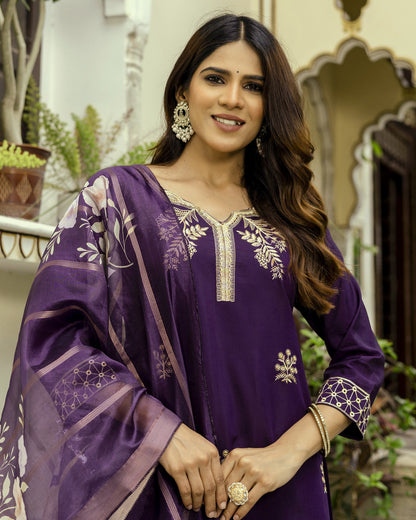 Nisha Deep Wine Purple Gold Zardozi Botanical Embroidered Kurta Set