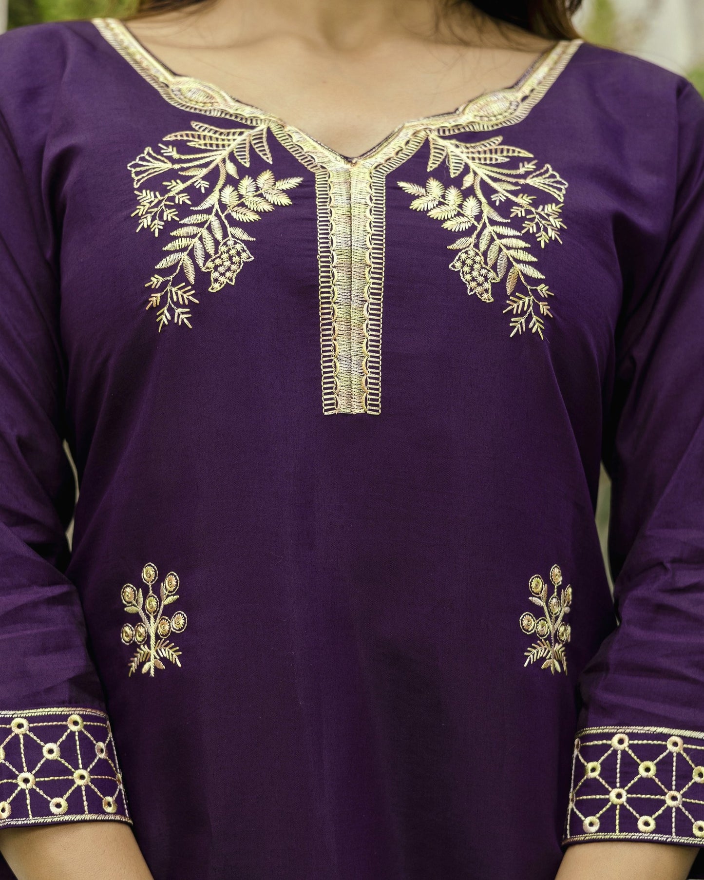 Nisha Deep Wine Purple Gold Zardozi Botanical Embroidered Kurta Set