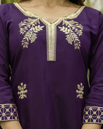 Nisha Deep Wine Purple Gold Zardozi Botanical Embroidered Kurta Set