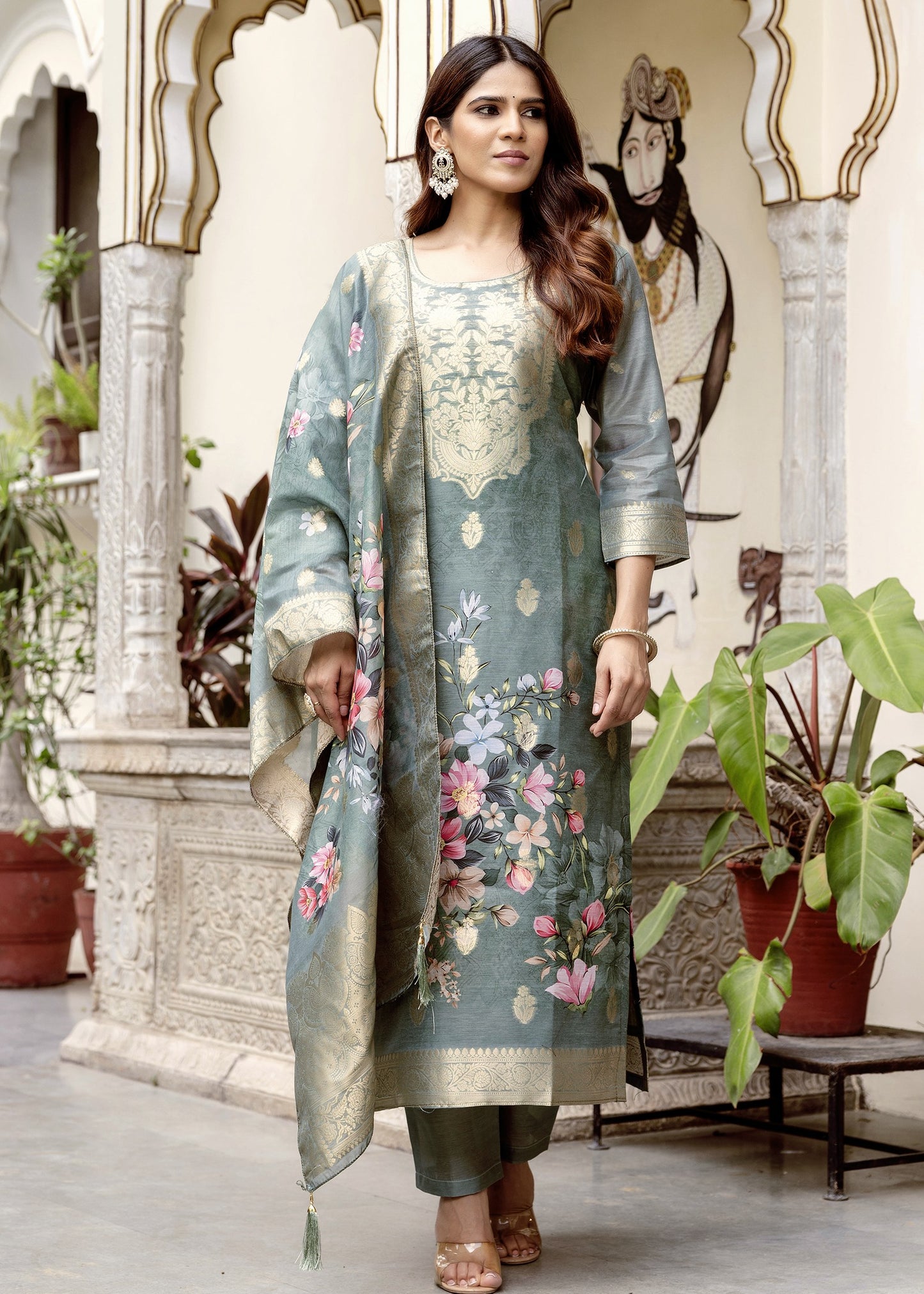 Gulnoor Sage Grey Mughal Woven and Floral Print Kurta Set