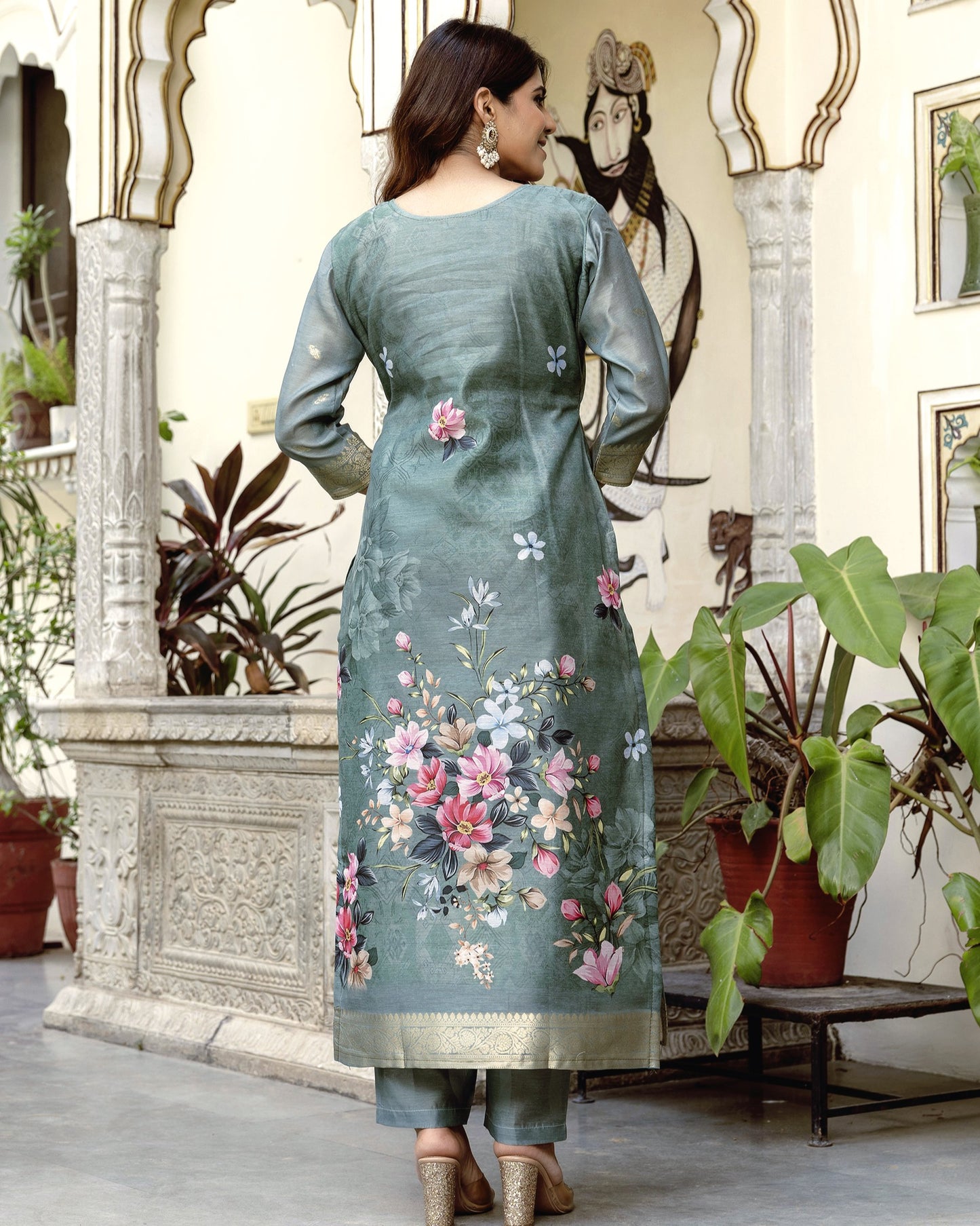 Gulnoor Sage Grey Mughal Woven and Floral Print Kurta Set