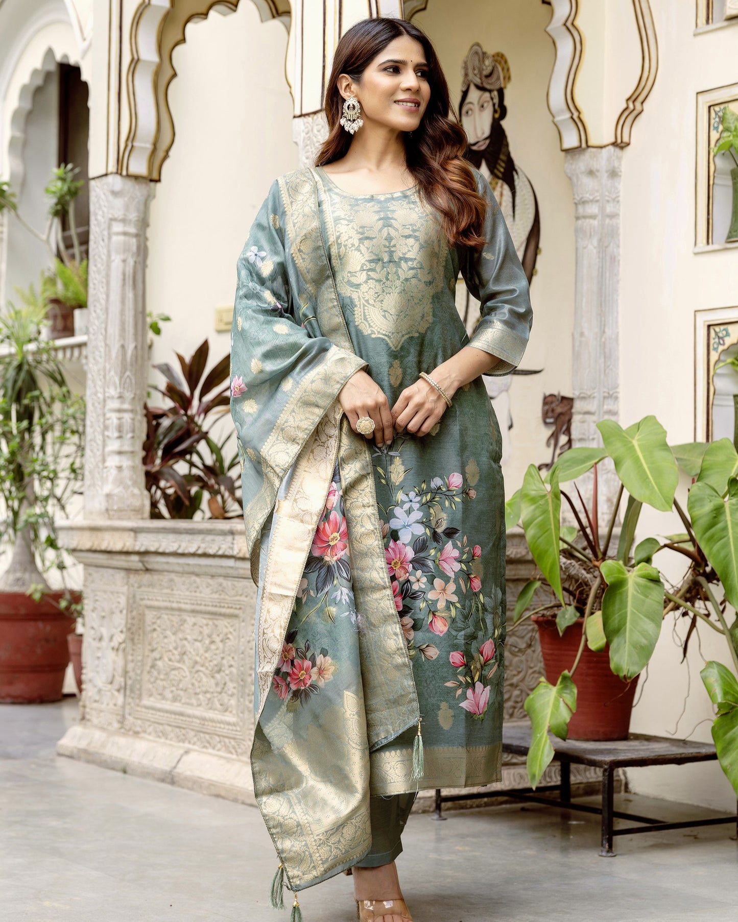 Gulnoor Sage Grey Mughal Woven and Floral Print Kurta Set
