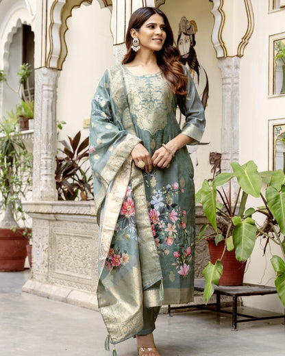 Gulnoor Sage Grey Mughal Woven and Floral Print Kurta Set