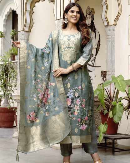 Gulnoor Sage Grey Mughal Woven and Floral Print Kurta Set