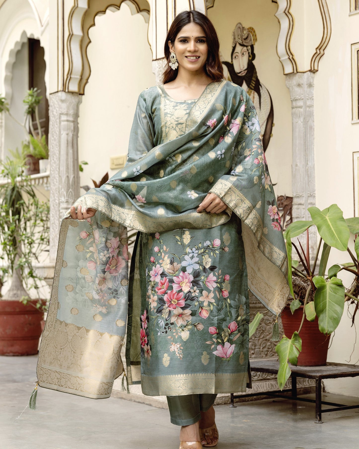 Gulnoor Sage Grey Mughal Woven and Floral Print Kurta Set