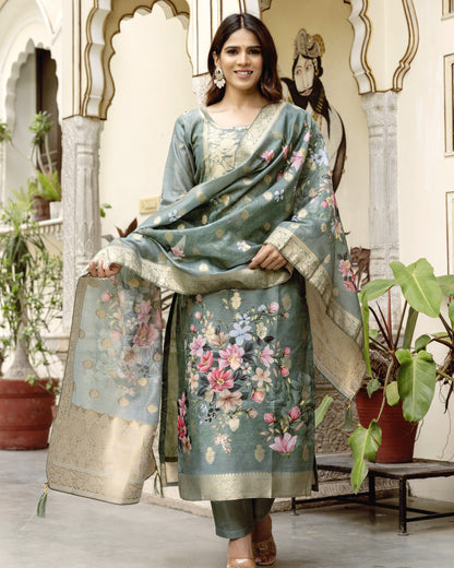 Gulnoor Sage Grey Mughal Woven and Floral Print Kurta Set