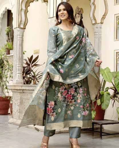 Gulnoor Sage Grey Mughal Woven and Floral Print Kurta Set