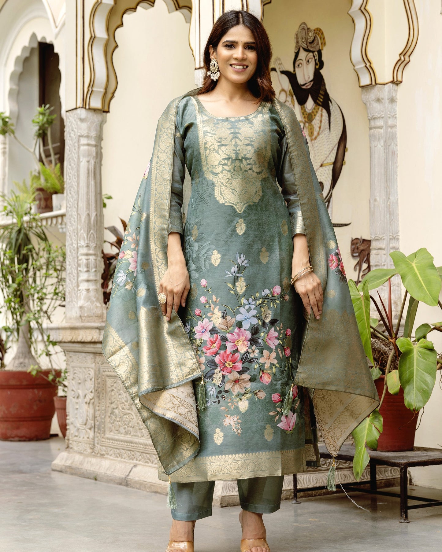 Gulnoor Sage Grey Mughal Woven and Floral Print Kurta Set