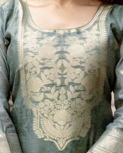 Gulnoor Sage Grey Mughal Woven and Floral Print Kurta Set