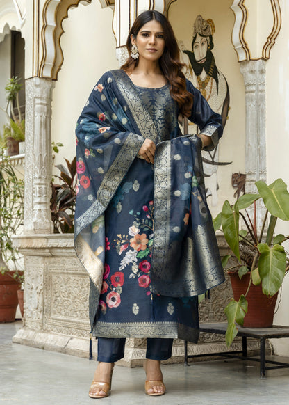 Gulnoor Navy Blue Mughal Woven and Floral Print Kurta Set