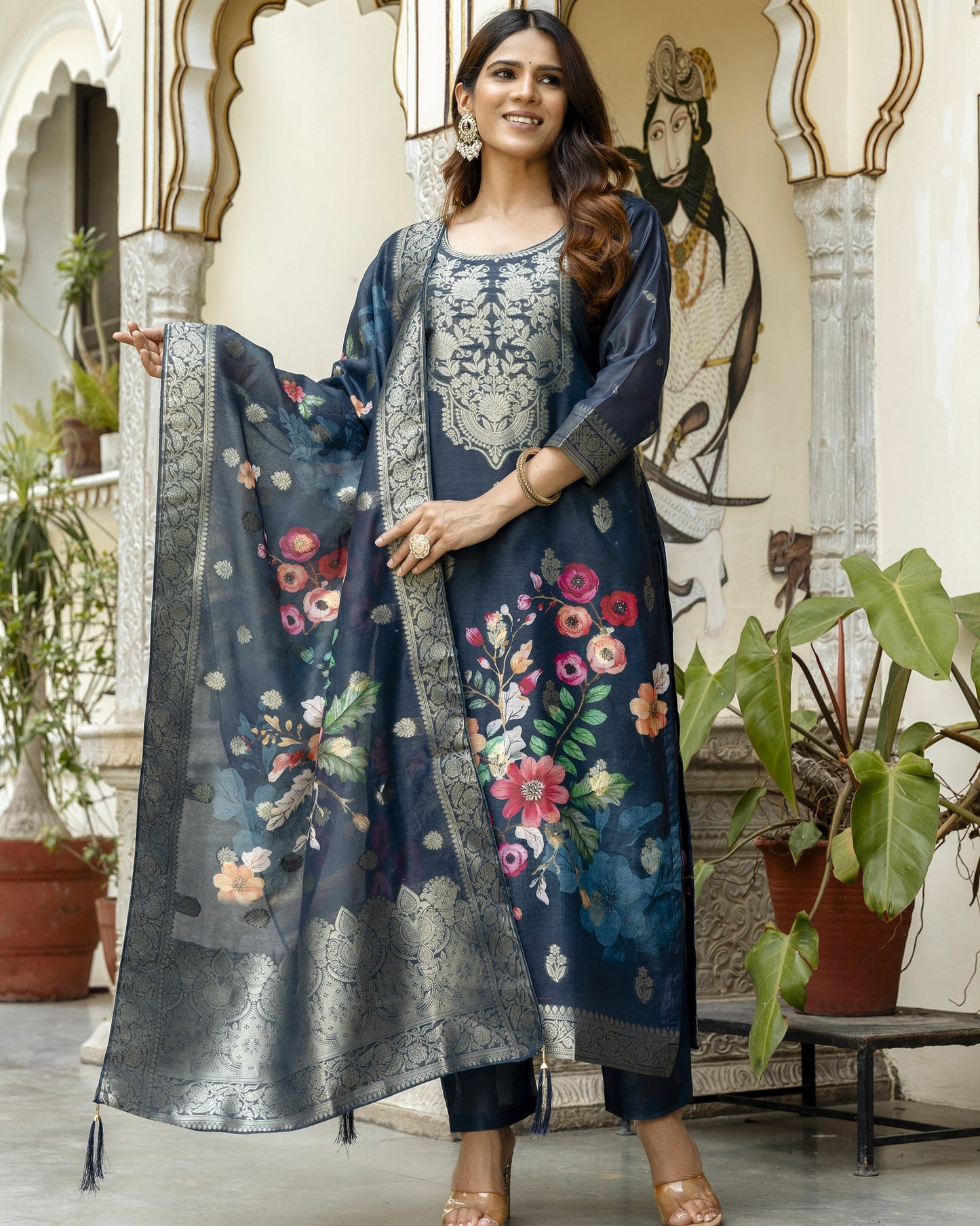 Gulnoor Navy Blue Mughal Woven and Floral Print Kurta Set