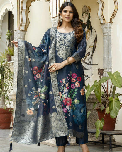 Gulnoor Navy Blue Mughal Woven and Floral Print Kurta Set