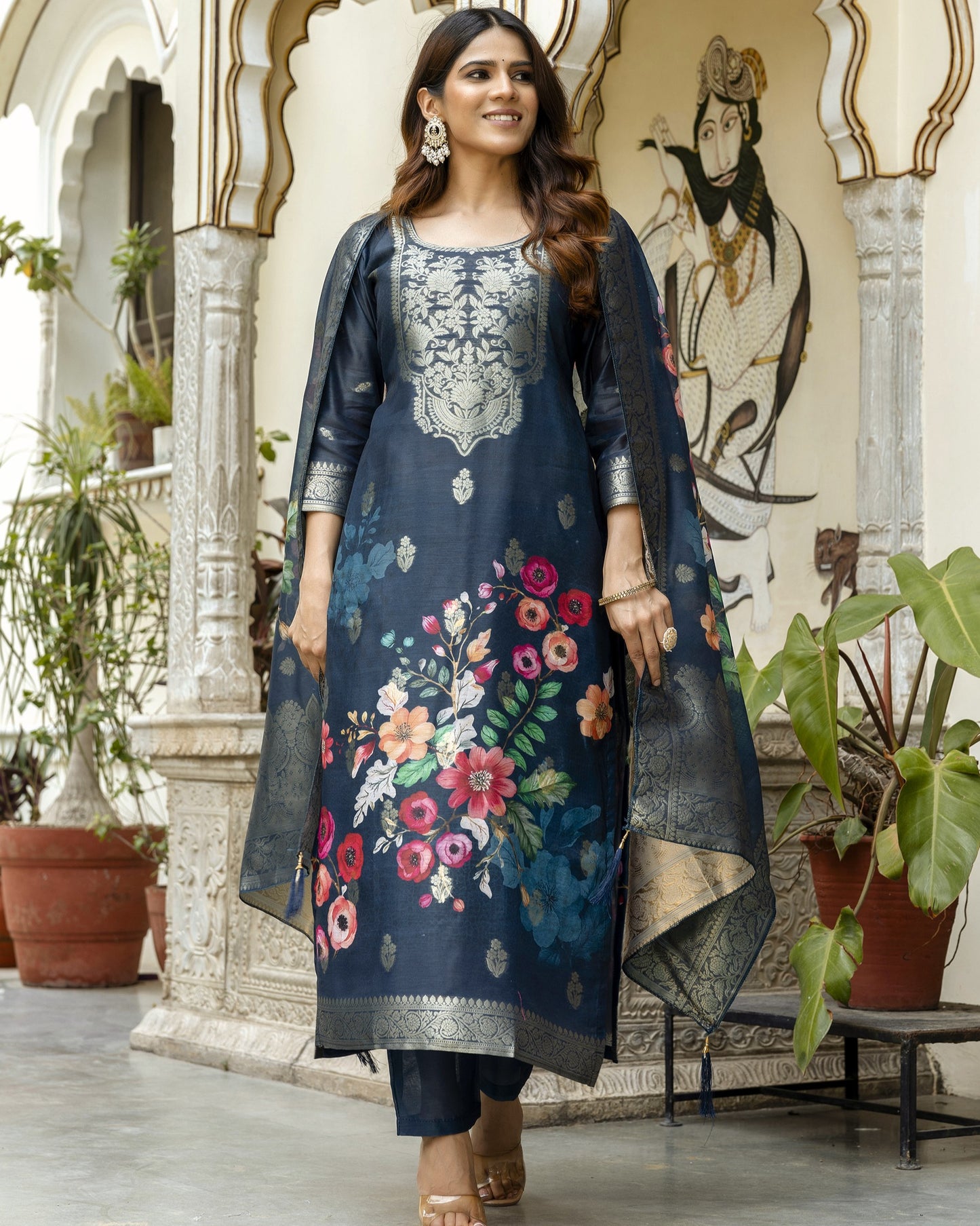 Gulnoor Navy Blue Mughal Woven and Floral Print Kurta Set