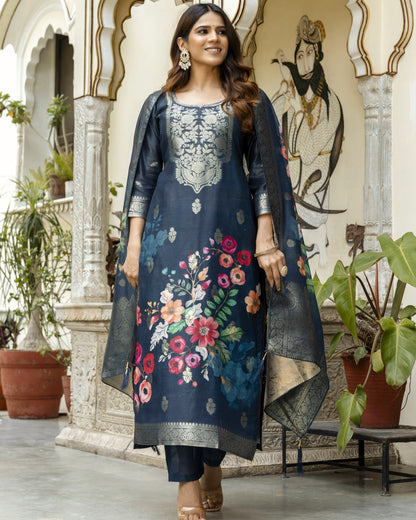 Gulnoor Navy Blue Mughal Woven and Floral Print Kurta Set