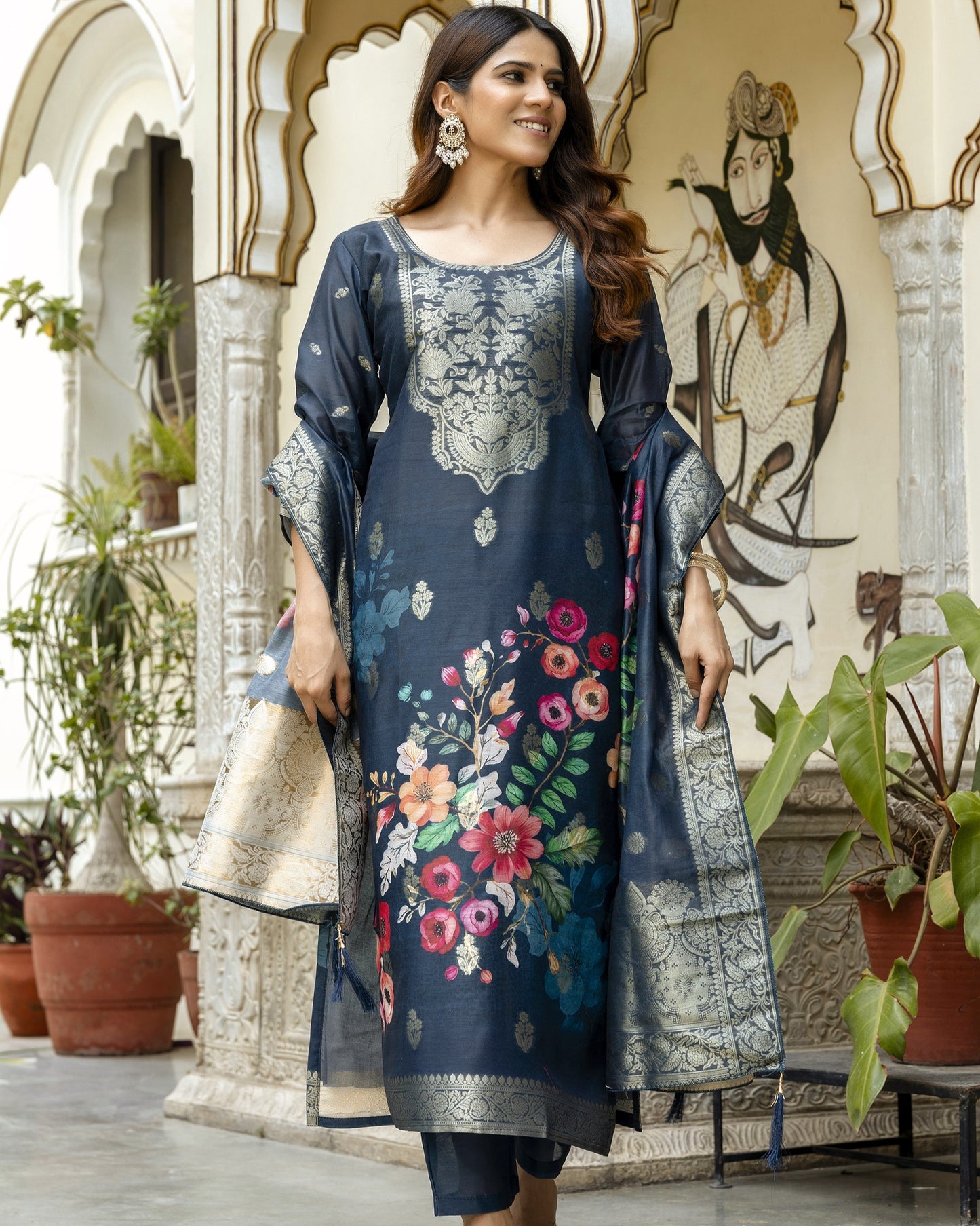 Gulnoor Navy Blue Mughal Woven and Floral Print Kurta Set