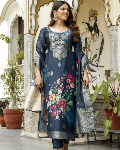 Gulnoor Navy Blue Mughal Woven and Floral Print Kurta Set
