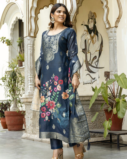 Gulnoor Navy Blue Mughal Woven and Floral Print Kurta Set
