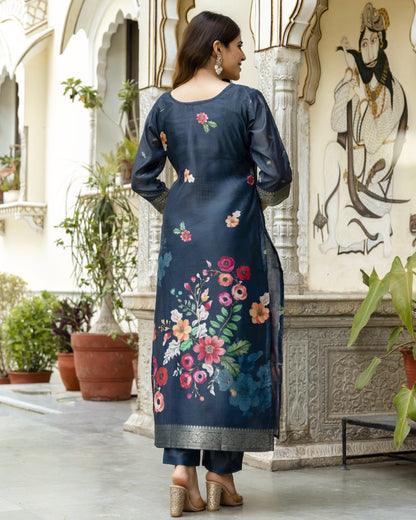 Gulnoor Navy Blue Mughal Woven and Floral Print Kurta Set
