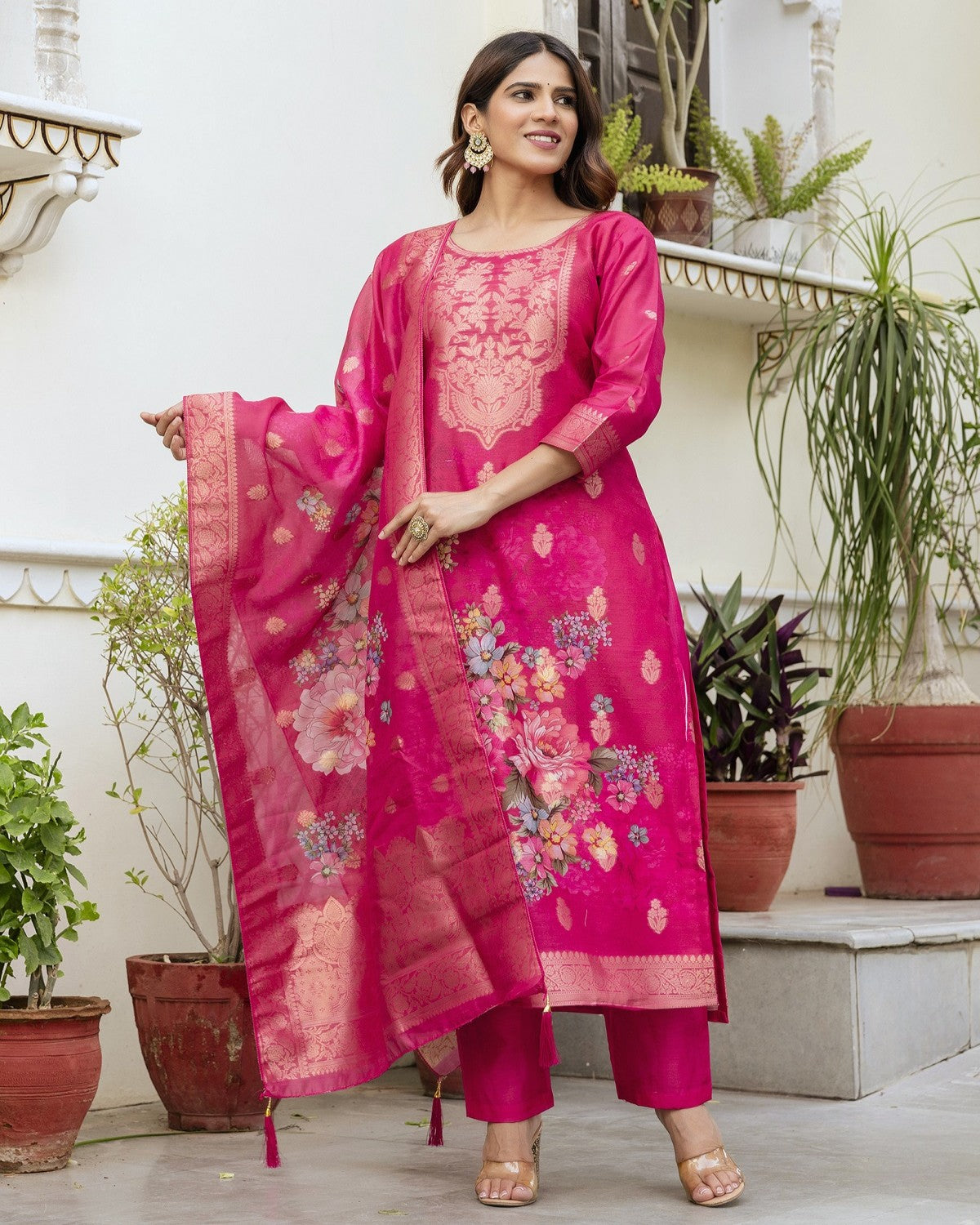 Gulnoor Rani Pink Mughal Woven And Floral Print Kurta Set