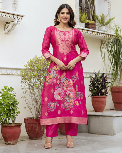 Gulnoor Rani Pink Mughal Woven And Floral Print Kurta Set