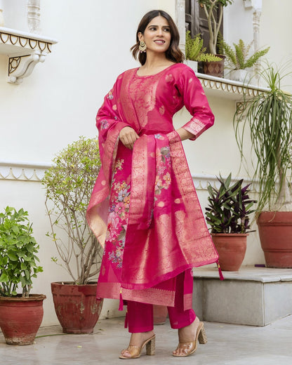 Gulnoor Rani Pink Mughal Woven And Floral Print Kurta Set