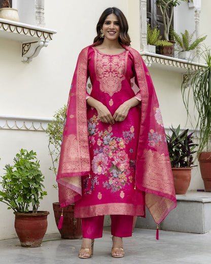 Gulnoor Rani Pink Mughal Woven And Floral Print Kurta Set