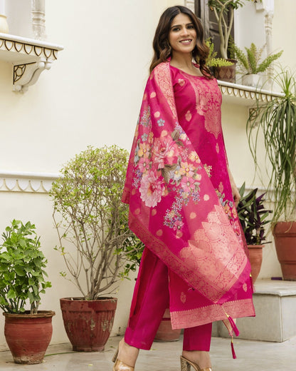 Gulnoor Rani Pink Mughal Woven And Floral Print Kurta Set