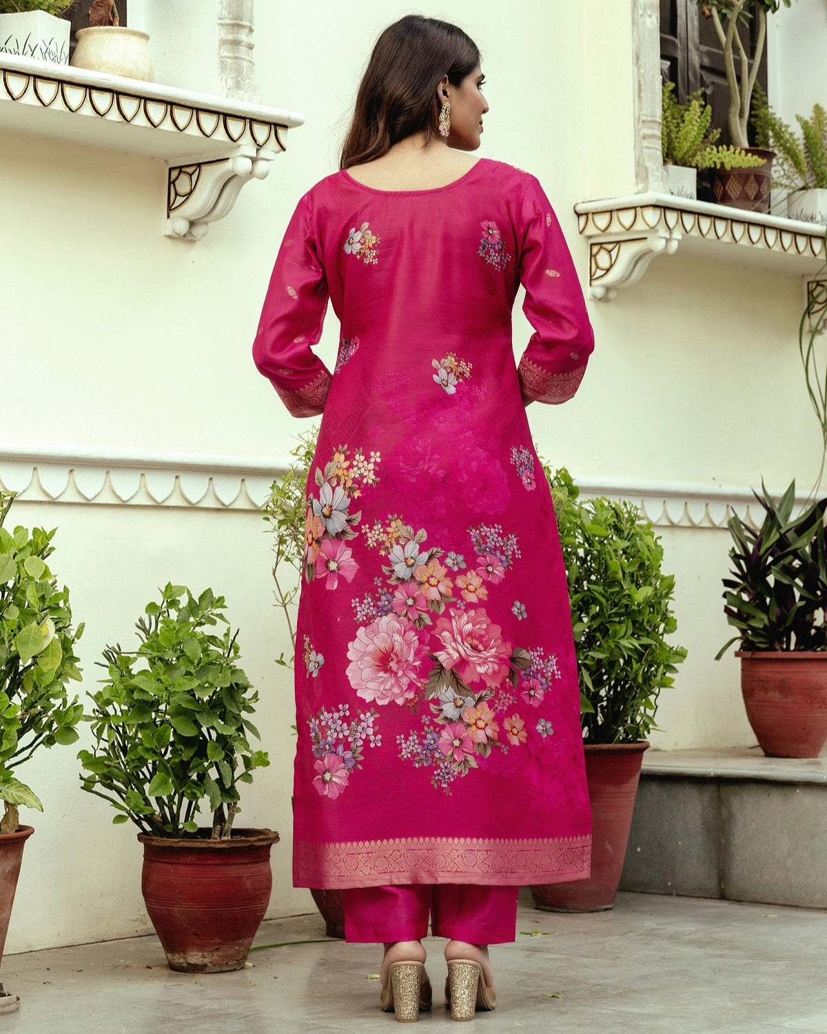Gulnoor Rani Pink Mughal Woven And Floral Print Kurta Set