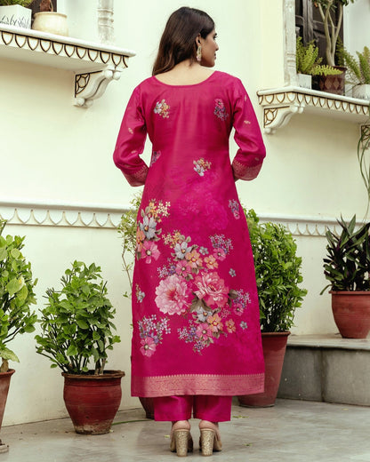 Gulnoor Rani Pink Mughal Woven And Floral Print Kurta Set