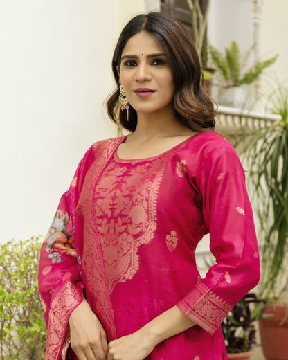 Gulnoor Rani Pink Mughal Woven And Floral Print Kurta Set