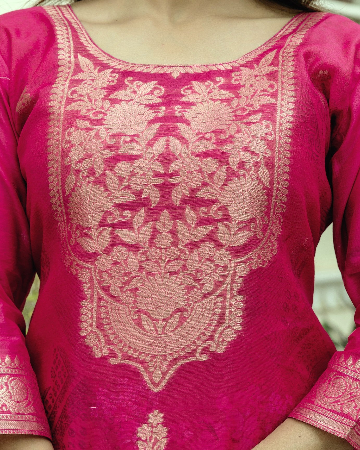 Gulnoor Rani Pink Mughal Woven And Floral Print Kurta Set