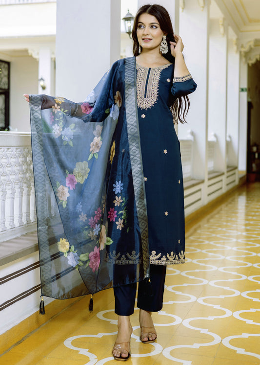 Tarang Teal Blue Gold Zari & Resham Embroidered Kurta Set