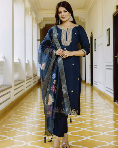 Tarang Teal Blue Gold Zari & Resham Embroidered Kurta Set
