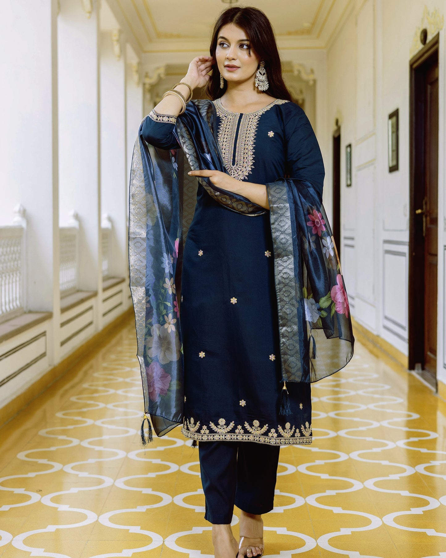 Tarang Teal Blue Gold Zari & Resham Embroidered Kurta Set