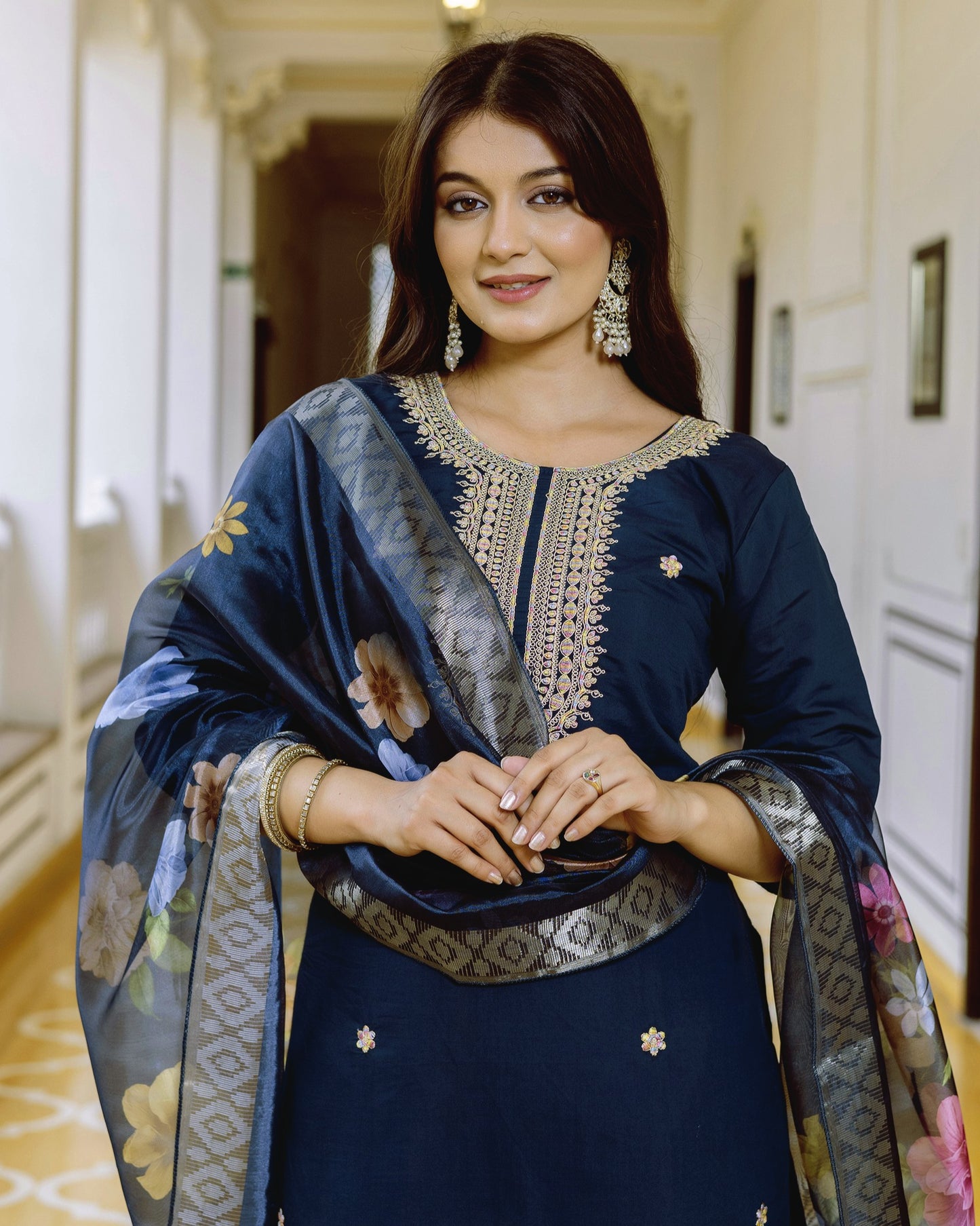 Tarang Teal Blue Gold Zari & Resham Embroidered Kurta Set