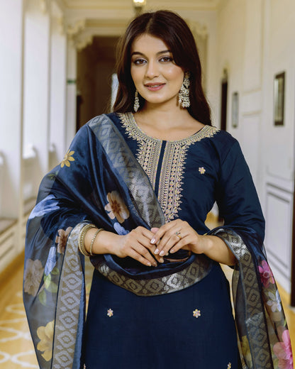 Tarang Teal Blue Gold Zari & Resham Embroidered Kurta Set