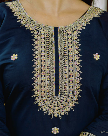 Tarang Teal Blue Gold Zari & Resham Embroidered Kurta Set