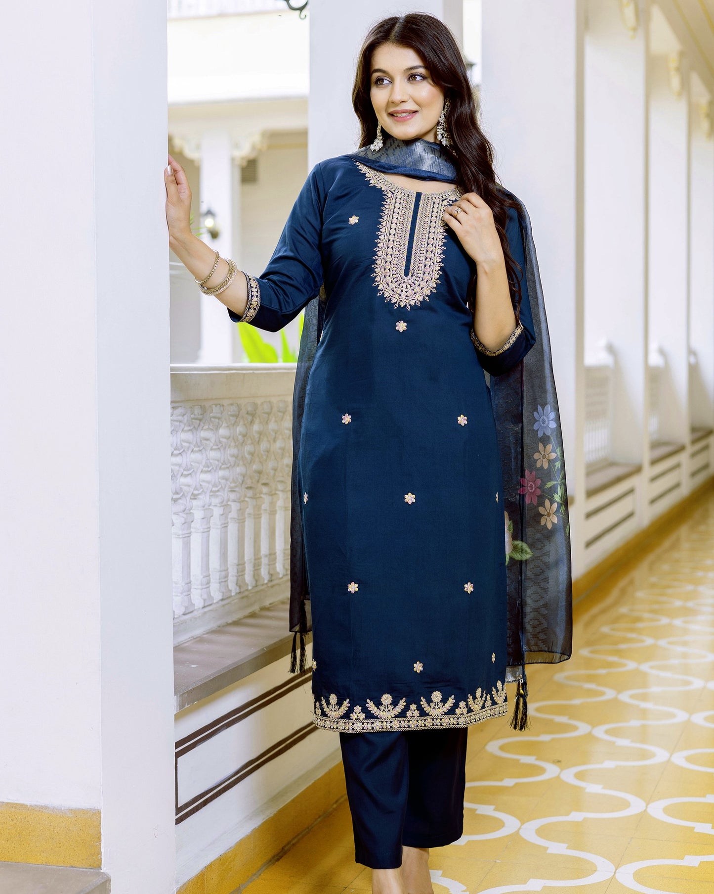 Tarang Teal Blue Gold Zari & Resham Embroidered Kurta Set