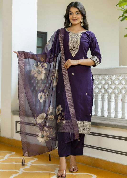 Tarang Deep Violet Gold Zari and Sequin Embroidered Kurta Set