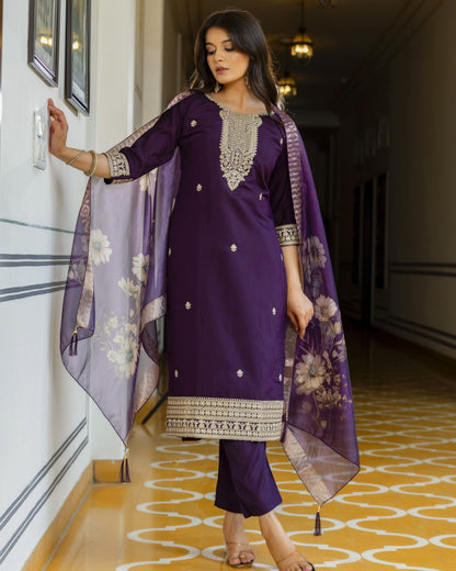 Tarang Deep Violet Gold Zari and Sequin Embroidered Kurta Set